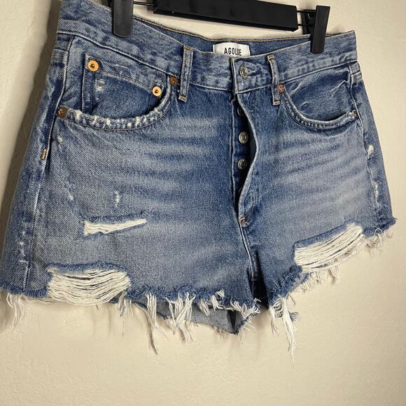 AGOLDE Parker Cut-Off Denim Shorts in Clutch Distressed Raw Hem - Size 28 - Picture 3 of 6